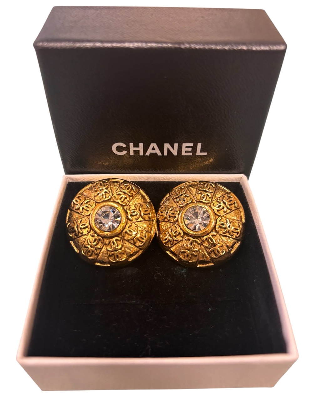 CHANEL Vintage Gold-Tone Round Medallion Earrings with Clear Crystal Centers
